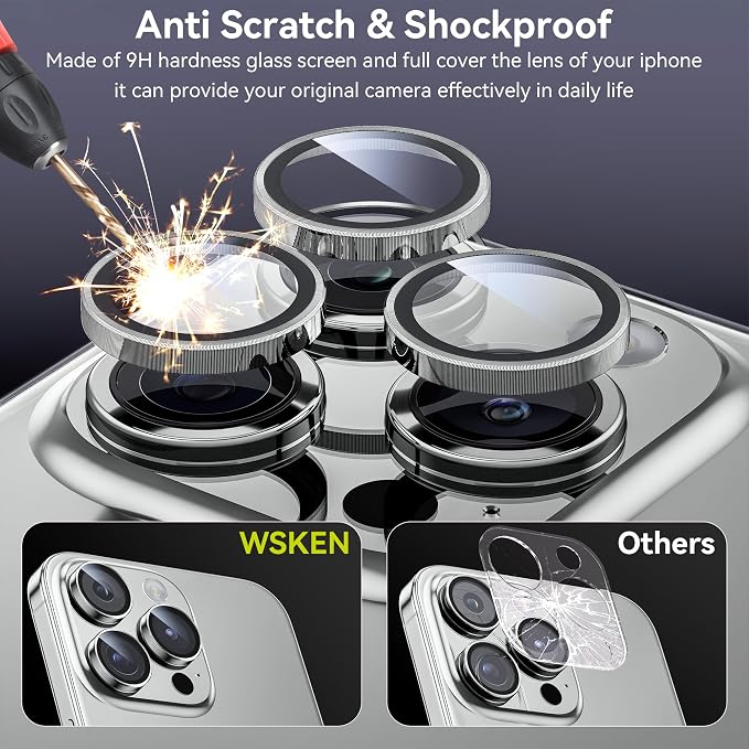 WSKEN for iPhone 15 Pro/iPhone 15 Pro Max Camera Lens Protector,[Keep Original Shooting] Shatterproof 9H Tempered Glass Camera Screen Protector Metal Ring Cover Film Accessories,Silver Titanium