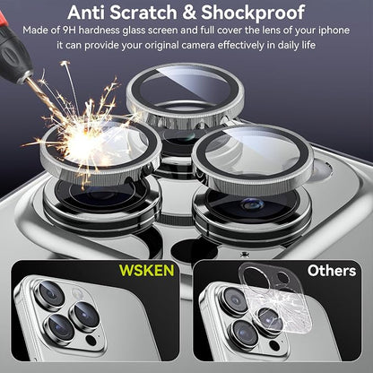 WSKEN for iPhone 15 Pro/iPhone 15 Pro Max Camera Lens Protector,[Keep Original Shooting] Shatterproof 9H Tempered Glass Camera Screen Protector Metal Ring Cover Film Accessories,Silver Titanium