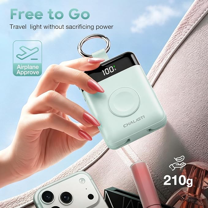 10000mAh Portable Charger,PD 22.5W Super Fast Charging Power Bank with Built-in Cables, Travel Keychain Battery Pack for iPhone 17/16/15/14/13/12,Apple Watch Ultra/11/10/9/8/7/6/SE (Green)