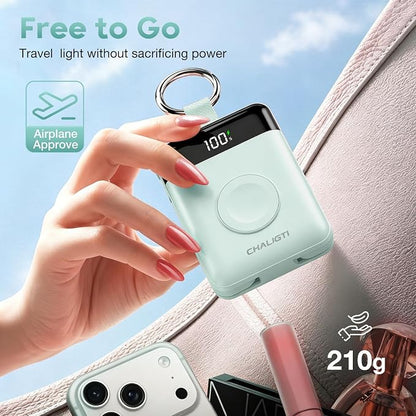 10000mAh Portable Charger,PD 22.5W Super Fast Charging Power Bank with Built-in Cables, Travel Keychain Battery Pack for iPhone 17/16/15/14/13/12,Apple Watch Ultra/11/10/9/8/7/6/SE (Green)