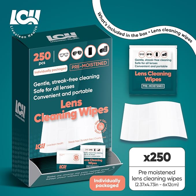 250 CT Lens Wipes for Eyeglasses - Pre-Moistened, Individually Wrapped Eye Glasses Cleaner Wipes - Streak-Free & Scratch-Free Glasses Wipes for Sunglasses, Camera Lenses & Phone Screen Wipes