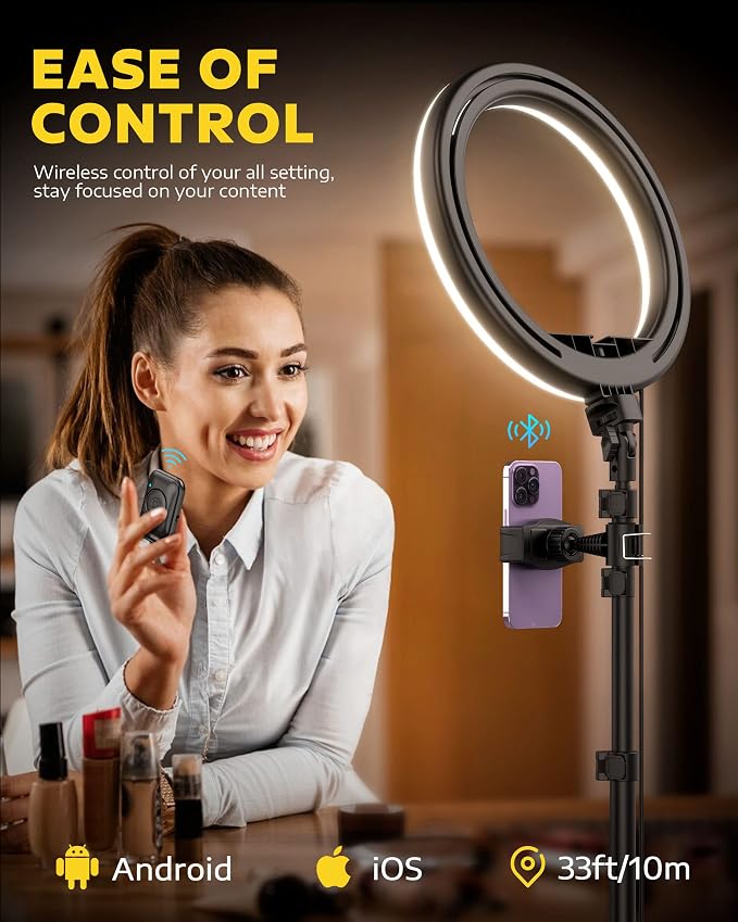 Kaiess 10.2" Selfie Ring Light with 65" Adjustable Tripod Stand & Phone Holder for Live Stream/Makeup, Upgraded Dimmable LED Ringlight for Tiktok/YouTube/Zoom Meeting/Photography (RGB)