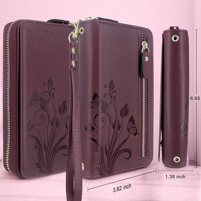 Lacass for iPhone 16 Pro Max 6.9 inch 2024 Wallet Case, Crossbody Dual Zipper Detachable Magnetic Leather Wallet Case Cover Wristlets Wrist Strap 13 Card Slots Money Pocket(Floral Wine Red)