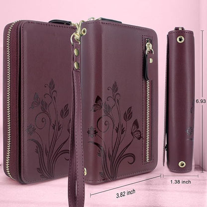 Lacass for iPhone 16 Pro Max 6.9 inch 2024 Wallet Case, Crossbody Dual Zipper Detachable Magnetic Leather Wallet Case Cover Wristlets Wrist Strap 13 Card Slots Money Pocket(Floral Wine Red)
