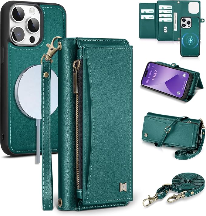 Wallet Case for iPhone 14 Pro with Card Holder/Crossbody Wallet/Strap| RFID Blocking | Magnetic | Kickstand | Detachable | PU Leather Phone Case for iPhone 14 Pro,6.1 in,Green