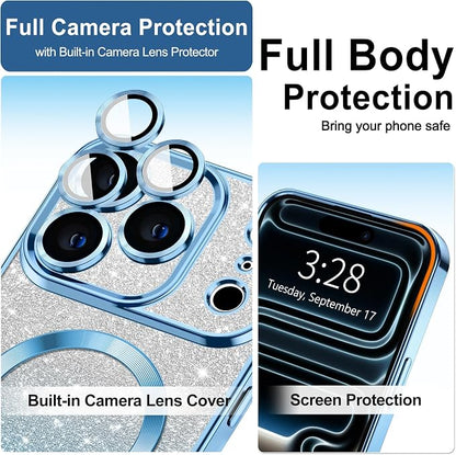 Hython for iPhone 17 Pro Max Case Glitter Clear Magnetic Phone Cases [Compatible with MagSafe] Full Camera Lens Protector Sparkle Luxury Plating Slim Shockproof Protective Cover, Gradient Light Blue