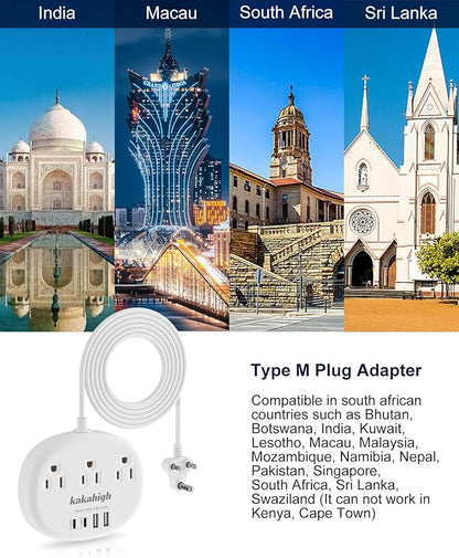 South Africa Plug Adapter, South Africa Extension Cord 3FT | Outlet Adapter for South Africa with 3 USA Outlets 4 USB, Type M Plug Adapter for Botswana Namibia Nepal Bhutan