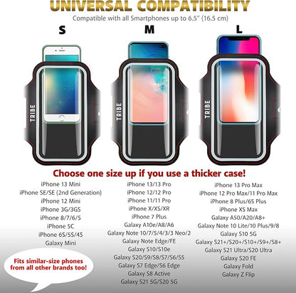 TRIBE Water Resistant Cell Phone Armband Case Running Holder for iPhone Pro Max Plus Mini SE (13/12/11/X/XS/XR/8/7/6/5) Galaxy S Ultra Plus Edge Note (21/20/10/9/8/7/6/5) Adjustable Strap & Key Pocket
