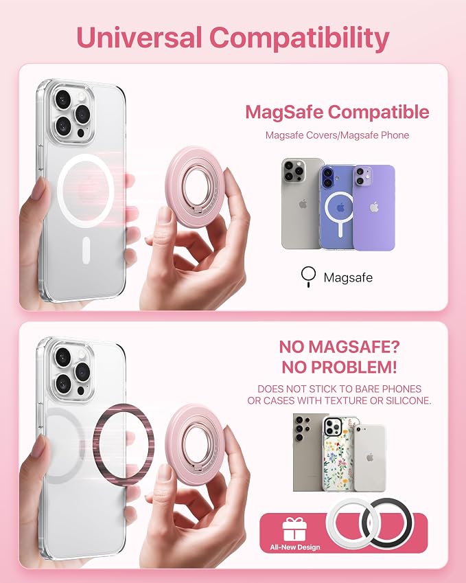 andobil [2026 3rd Gen] Magnetic Phone Grip for MagSafe [360° Rotatable & Ultra-Stable] Two-Sided Magnet Cell Phone Ring Holder Compatible with MagSafe Accessories, iPhone 17 Air 16 15 14 Pro Max, Pink