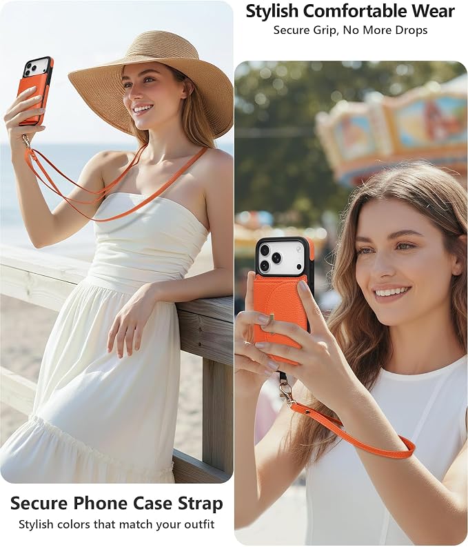 Keallce Case for iPhone 17 Pro 6.3'' Crossbody Wallet Case, Lanyards & Wrist Straps with Phone Tabs, Flip Case with RFID Blocking 4 Card Holder Slots Kickstand, Protective Cover for Women, Orange