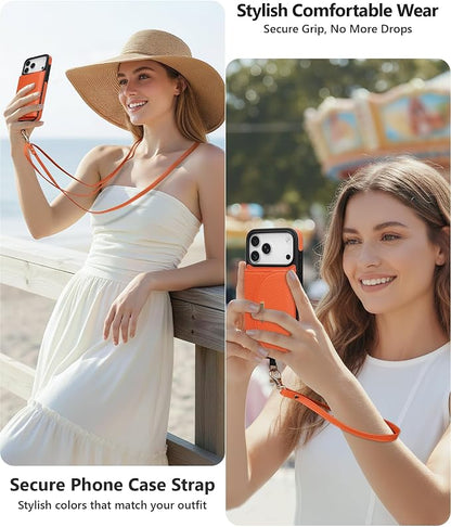 Keallce Case for iPhone 17 Pro 6.3'' Crossbody Wallet Case, Lanyards & Wrist Straps with Phone Tabs, Flip Case with RFID Blocking 4 Card Holder Slots Kickstand, Protective Cover for Women, Orange