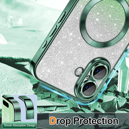 Hython for iPhone 17 Case Glitter Clear Magnetic Phone Cases [Compatible with MagSafe] Full Camera Lens Protector Sparkle Luxury Plating Slim Shockproof Protective Cover Women, Gradient Green