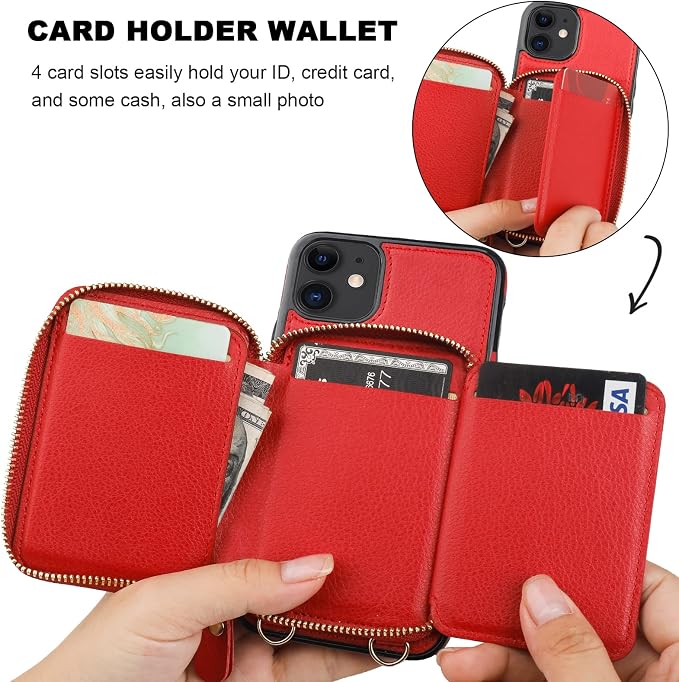 Bocasal RFID Blocking Wallet Case for iPhone 11, Adjustable Crossbody Zipper Purse Case Card Holder with Kickstand Detachable Wrist Strap, PU Leather Flip Folio Case 6.1 Inch (Red)