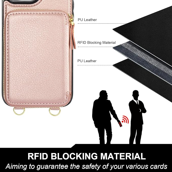 Bocasal for MagSafe Crossbody Wallet Case Compatible with iPhone 13 Pro Max, RFID Blocking Protective Purse Case with Card Slots Holder Kickstand Wrist Strap Lanyard Zipper 6.7 Inch 5G (Rose Gold)