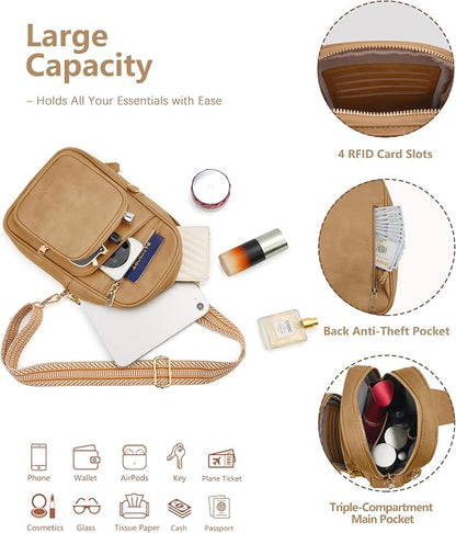 Anti Theft Crossbody Bags for Women,RFID Sling Bag Travel Purse,Vegan Leather Cross Body Purses Chest Bag for Travel(khaki) | Multi-Pocket, Structured bag, Any Occasion