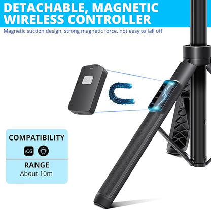 BZE 62 inches Extendable Selfie Stick Tripod with Wireless Remote & Phone Holder, Portable Aluminum Alloy 3 in 1 Stand for Group Photos, Vlogging & Travel Compatible with All Smartphones