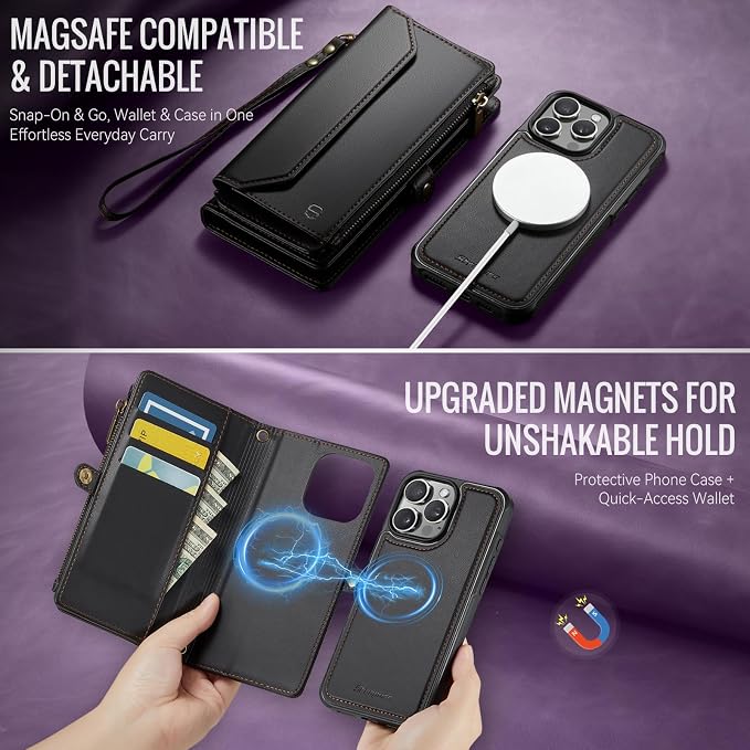 Strapurs for iPhone 16 Pro Max Detachable Wallet Case Compatible with Magsafe, RFID Blocking 9-Card Holder Zipper Strap Lanyard PU Leather Magnetic Phone Case for iPhone 16 Pro Max 6.9", Black