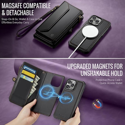 Strapurs for iPhone 16 Pro Max Detachable Wallet Case Compatible with Magsafe, RFID Blocking 9-Card Holder Zipper Strap Lanyard PU Leather Magnetic Phone Case for iPhone 16 Pro Max 6.9", Black