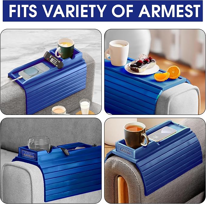 Couch Cup Holder Tray with 2 Cork Coasters, Couch Caddy, Anti-Slip Foldable Armrest Sofa Tray, Couch Armrest Table, Anti-Spill Holder for Remote, Snacks, Cellphone - Ideal Gift (Blue)