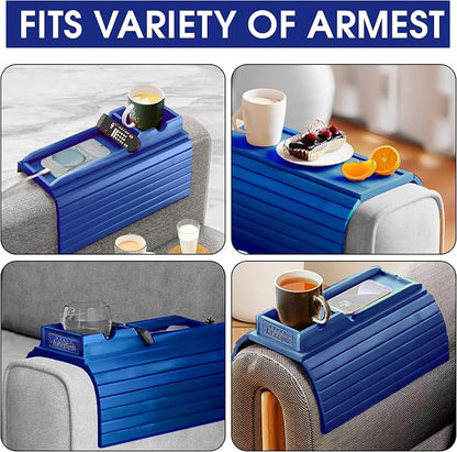 Couch Cup Holder Tray with 2 Cork Coasters, Couch Caddy, Anti-Slip Foldable Armrest Sofa Tray, Couch Armrest Table, Anti-Spill Holder for Remote, Snacks, Cellphone - Ideal Gift (Blue)