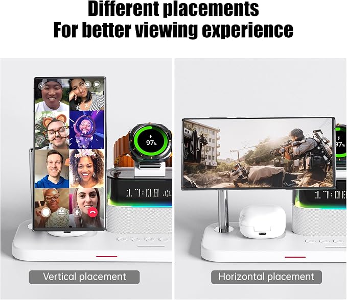 Magnetic Charger for Samsung, 5 in 1 Wireless Charging Station with Alarm Clock for Samsung Galaxy S25 Ultra/S24/S23/S22,Galaxy Watch 7/6/4/5,Galaxy Buds/Pro, White