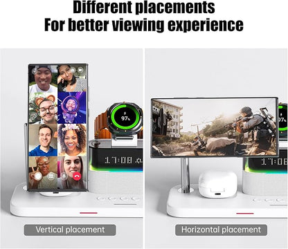 Magnetic Charger for Samsung, 5 in 1 Wireless Charging Station with Alarm Clock for Samsung Galaxy S25 Ultra/S24/S23/S22,Galaxy Watch 7/6/4/5,Galaxy Buds/Pro, White