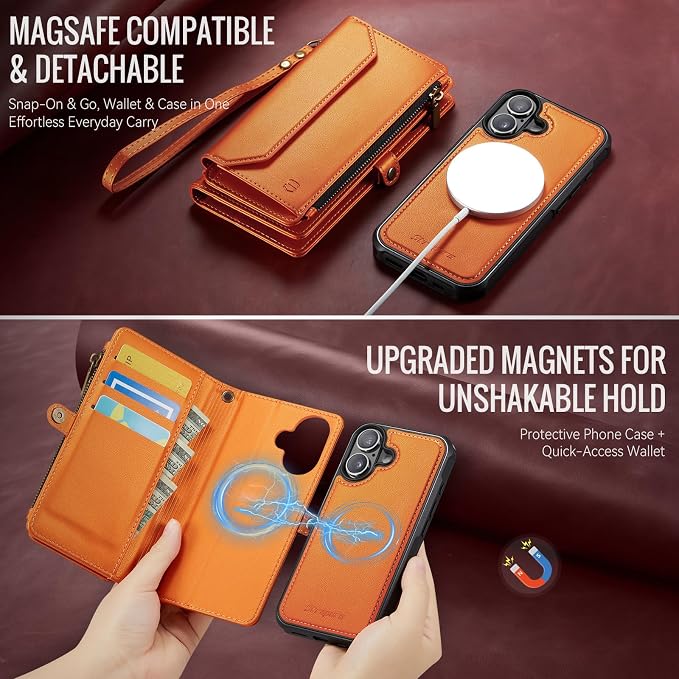 Strapurs for iPhone 17 Detachable Wallet Case Compatible with Magsafe for Women, RFID Blocking 9-Card Holder Zipper Wrist Strap Lanyard PU Leather Magnetic Phone Case for iPhone 17 6.3", Orange