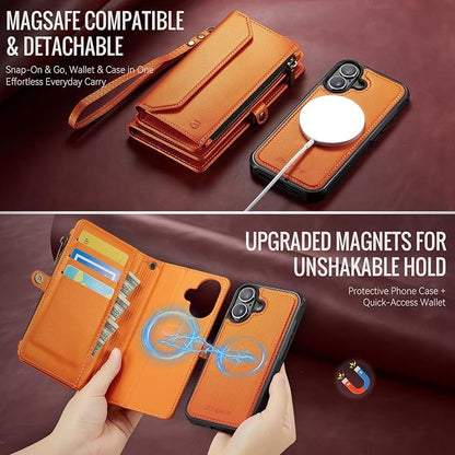 Strapurs for iPhone 16 Detachable Wallet Case Compatible with Magsafe for Women, RFID Blocking 9-Card Holder Zipper Wrist Strap Lanyard PU Leather Magnetic Phone Case for iPhone 16 6.1", Orange