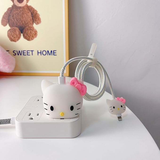 3D Cute Cartoon Wall Charger Protector Case - Compatible for Apple 20W USB-C Power Adapter and Lightning Cable No.01(4in1)