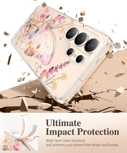 GVIEWIN for Samsung Galaxy S26 Ultra Case, Clear Floral Slim Shockproof Protective Women Phone Case, Non-Yellowing, with Screen Protector & Camera Lens Protector for S26 Ultra 6.9", Magic Butterfly