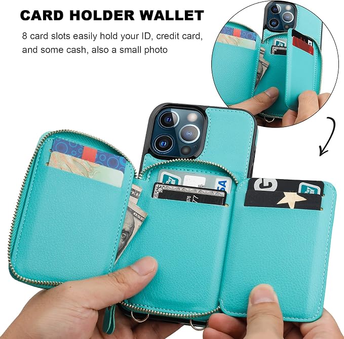 Bocasal RFID Blocking Wallet Case for iPhone 13 Pro Max, Adjustable Crossbody Zipper Purse Case Card Holder with Kickstand Detachable Wrist Strap, PU Leather Flip Folio Case 6.7 Inch 5G (Mint Green)