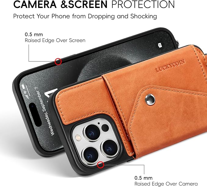 LUCKYCOIN for iPhone 15 Pro Crossbody Wallet Case – Genuine Leather Phone Purse with Adjustable Strap and Card Holder,Lanyard Phone Purse Case for Women,Vintage Brown
