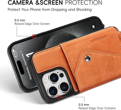 LUCKYCOIN for iPhone 15 Pro Crossbody Wallet Case – Genuine Leather Phone Purse with Adjustable Strap and Card Holder,Lanyard Phone Purse Case for Women,Vintage Brown