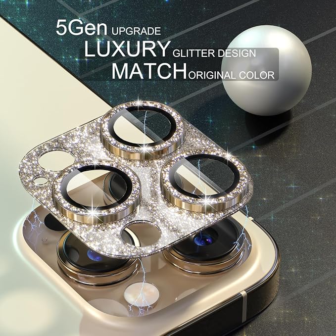 Choiche for iPhone 14 Pro/iPhone 14 Pro Max Camera Lens Protector, Bling Camera Cover with 9H Tempered Glass Lens Screen Protector Metal Ring Decoration Accessories (Glitter-Gold)