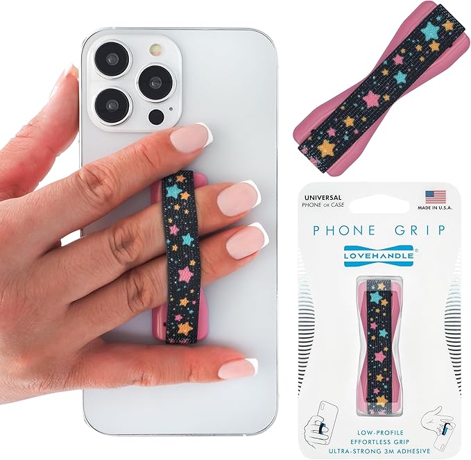 LOVEHANDLE Universal Phone Grip for Smartphones & Mini Tablets - Phone Holder for Hand - Wireless Charging Compatible - Made in The USA - Stars Blush