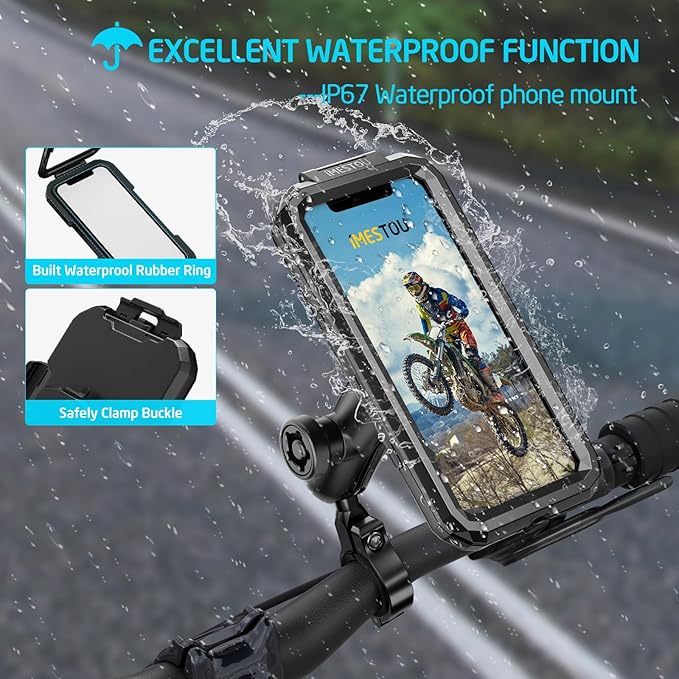 iMESTOU IP66 Waterproof Bike Phone Holder with 1" Ball Head Suitable for RAM B Size Components/ 1" Double Socket Arms, Fits for 3.5"-6.1" Cellphones with Max. Thickness 0.43" (Size S)