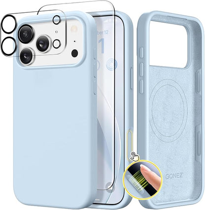 GONEZ Magnetic for iPhone 17 Pro Max Case, Compatible with MagSafe, [Screen Protector + Camera Lens Protector], Liquid Silicone Anti-Scratch Shockproof Protective Phone Case 6.9 inch, Blue