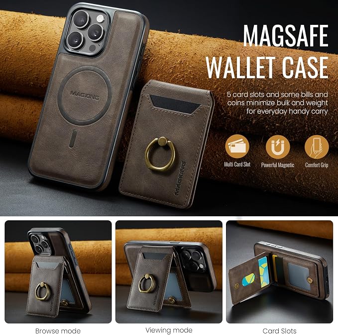 SZHAIYU 2 in 1 Detachable Magnetic Phone Cases Compatible with iPhone 14 Pro Max Case with Card Holder Ring , Compatible with Magsafe Wallet, Leather Men 6.7'' RFID Blocking (Coffee,iPhone 14 Pro Max)