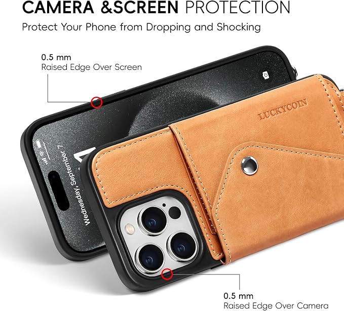 LUCKYCOIN for iPhone 15 Pro Crossbody Wallet Case – Genuine Leather Phone Purse with Adjustable Strap and Card Holder,Lanyard Phone Purse Case for Women,Vintage Tan