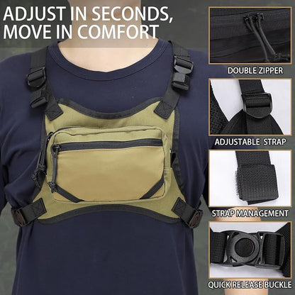 MGFLASHFORCE Chest Bag for Men and Women, Chest Rig Pack Front EDC Pouch Running Vest Phone Holder for Workout, Hiking and Outdoor Sports (Green)