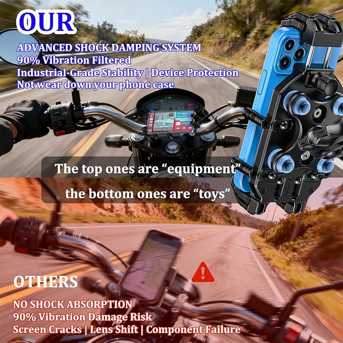 LOKTENWO Motorcycle Phone Mount-[Triple Vibration Dampener] & [Metal Adjustment Arm]，Motorcycle Cell Phone Holder, Bike Phone Mount for iPhone 17 16 15 Pro Max, 5.4-7.2" Smartphones