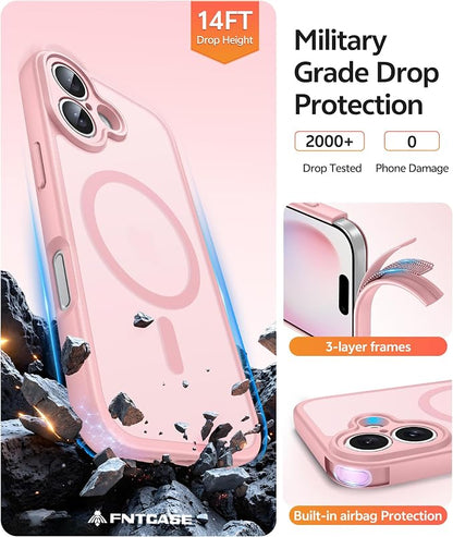 FNTCASE for iPhone 16 Plus Case: [Compatible with Magsafe] Translucent Matte Cases with [Full Camera Protection] [Screen Protector] Military Grade Shockproof Protective Phone Cover - Light Pink