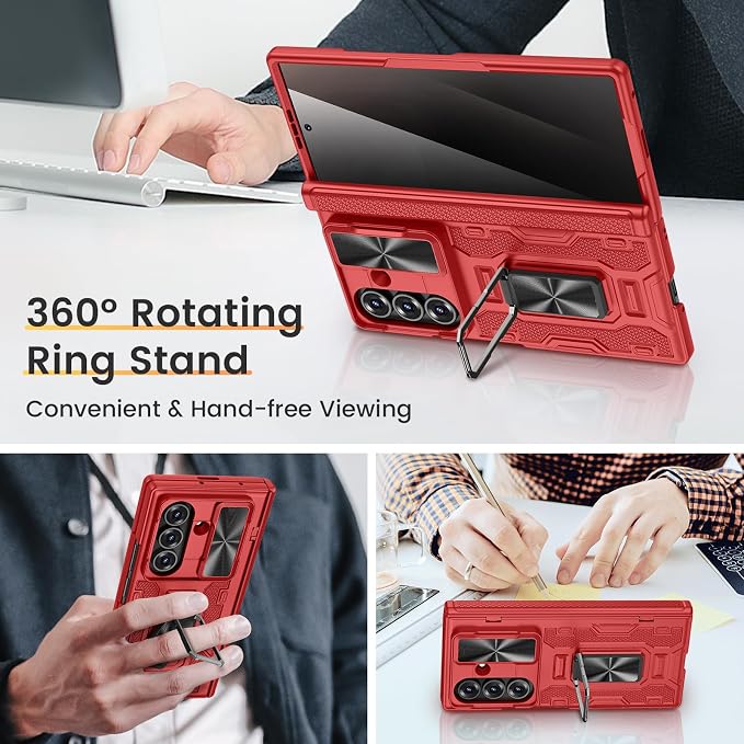 VEGO for Samsung Galaxy Z Fold 7 Case with Stand & Hinge Protection, Red | Built-in Screen Protector[Anti-Peeping][Slide Camera Cover]Hard PC Full-Body Shockproof Anti-Drop Phone Case for Z Fold 7