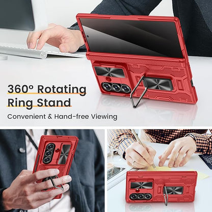 VEGO for Samsung Galaxy Z Fold 7 Case with Stand & Hinge Protection, Red | Built-in Screen Protector[Anti-Peeping][Slide Camera Cover]Hard PC Full-Body Shockproof Anti-Drop Phone Case for Z Fold 7