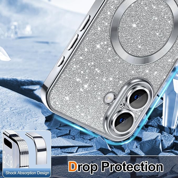 Hython for iPhone 17 Case Glitter Clear Magnetic Phone Cases [Compatible with MagSafe] Full Camera Lens Protector Sparkle Luxury Plating Slim Shockproof Protective Cover Women, Silver