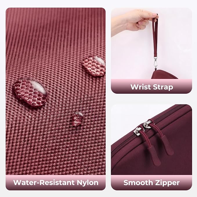FYY Travel Cable Organizer - 8 Compartments, Lightweight, Water Repellent | With Wrist Strap, Portable Tech Pouch for Cord Charger, Travel and Business Trips Use, Soft Shell Nylon, Wine Red (Large)