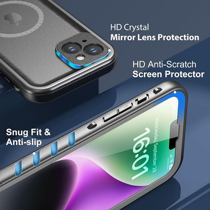 SPORTLINK for iPhone 14 Case Waterproof - Buit in Screen Protector [Compatible with MagSafe][IP68 Underwater][6.6FT Military Dropproof][Dustproof] Full Body Shockproof Phone Case 6.1" Black