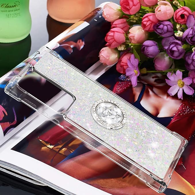 Glitter Phone Case for Galaxy Note 20 Ultra, Bling Liquid Case Bumper Protective Cover with Ring Holder Silicone Shockproof Case Transparent Back Case Compatible with Samsung Galaxy Note 20 Ultra