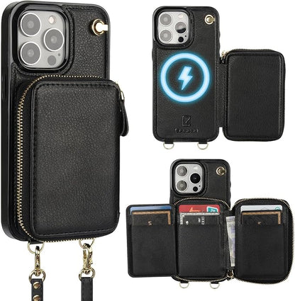 Bocasal for MagSafe Crossbody Wallet Case Compatible with iPhone 15 Pro Max, RFID Blocking Protective Purse Case with Card Slots Holder Kickstand Wrist Strap Lanyard Zipper 6.7 Inch 5G (Black)