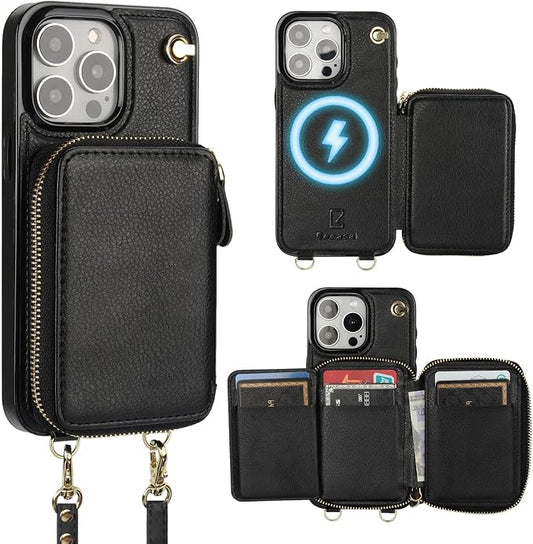 Bocasal for MagSafe Crossbody Wallet Case Compatible with iPhone 15 Pro Max, RFID Blocking Protective Purse Case with Card Slots Holder Kickstand Wrist Strap Lanyard Zipper 6.7 Inch 5G (Black)